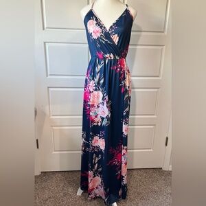 Floral Maxi Dress Navy Blue Pink Sleeveless Criss Cross Back Summer Medium